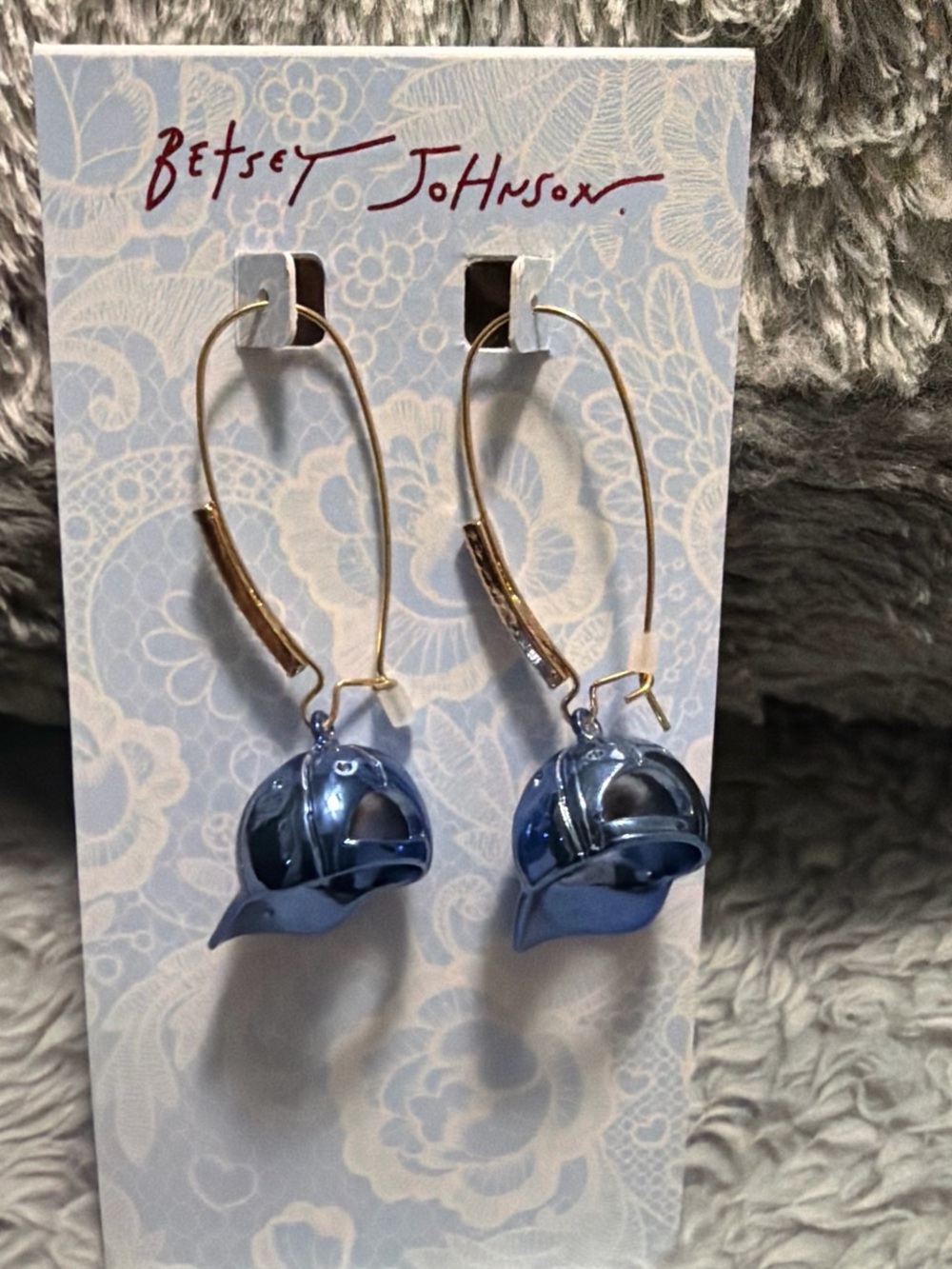 Betsey Johnson Metallic Blue Baseball Cap Hoop Earrings